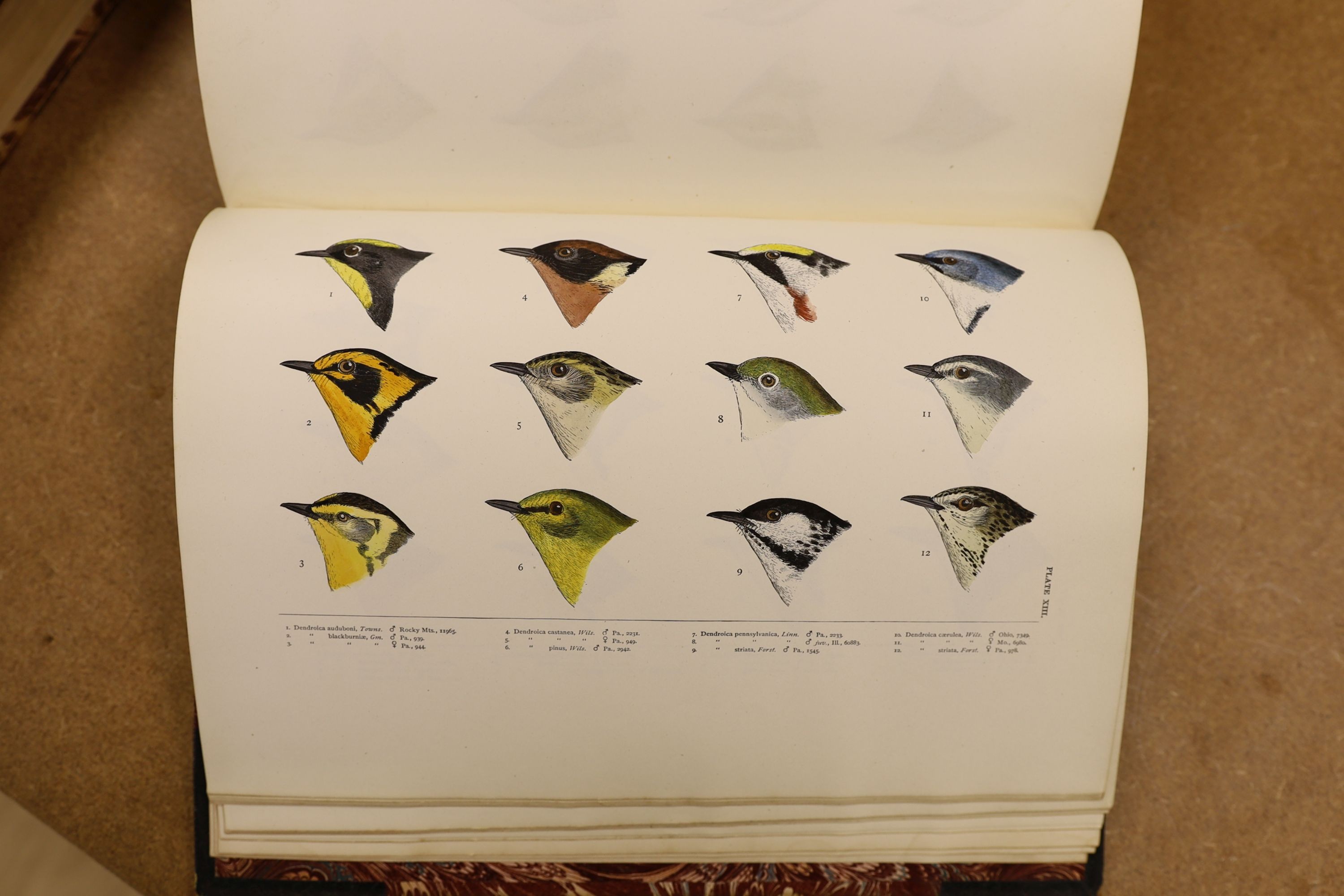 Baird, S.F. & Others - A History of North America Birds: Land Birds, 3 vols., coloured plates and other illus.; old half leather and marbled boards, gilt tops and marbled e/ps., 4to.